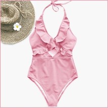 Ruffled Neck Halter Backless Padded Bra High Cut Pink Color Monokini Swimsuit