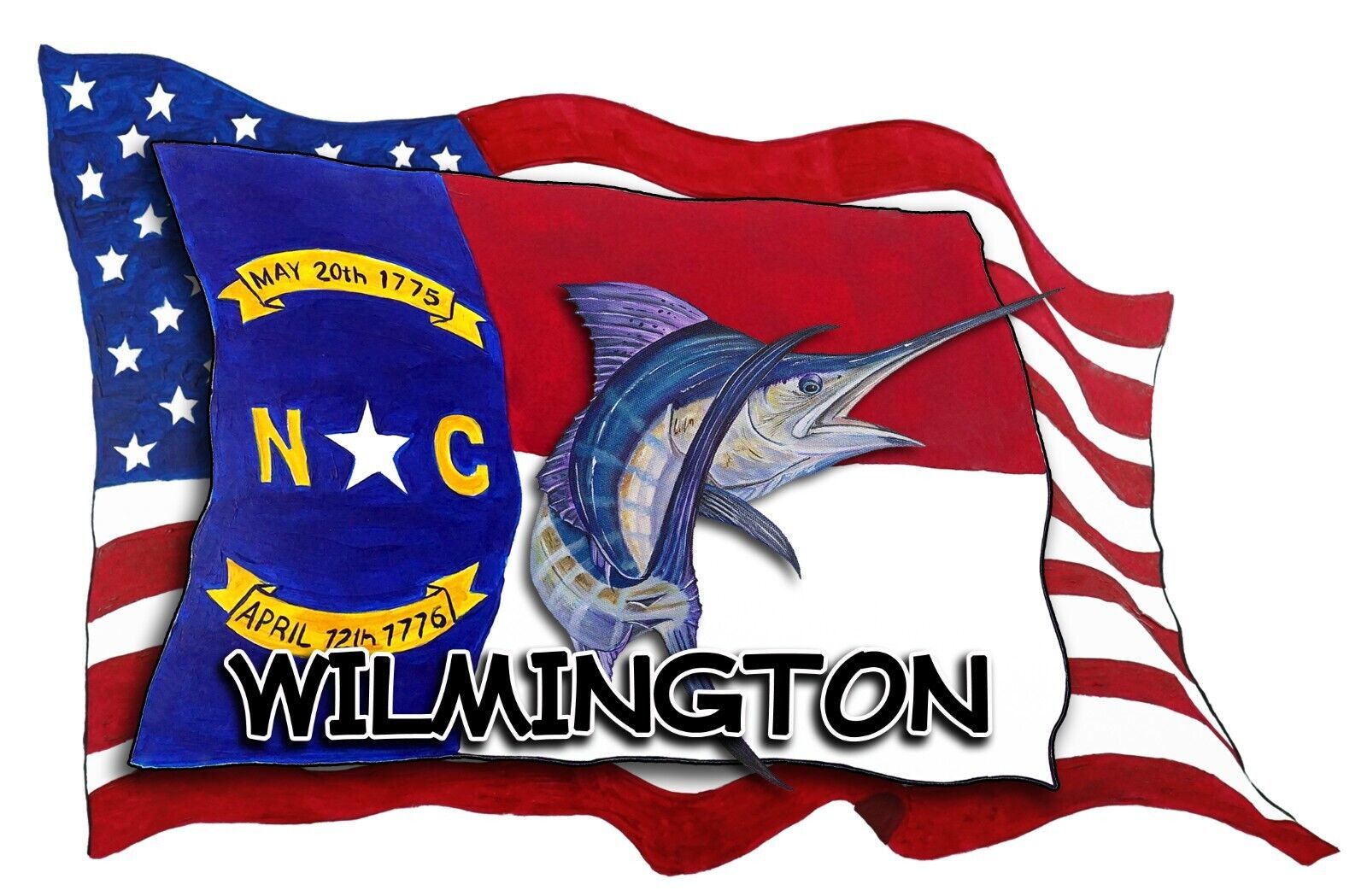 USA NC Flags with Marlin Wilmington Decal Sticker Car Wall Window Cup Cooler Decals, Stickers