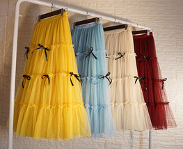 Layered Tulle Skirt Outfit w. Bow Festival Long Tulle Skirt Yellow Blue Wine-red image 1