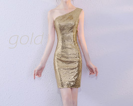 Women Gold One Shoulder Short Sequin Dress Wedding Bridesmaid Short Sequin Dress