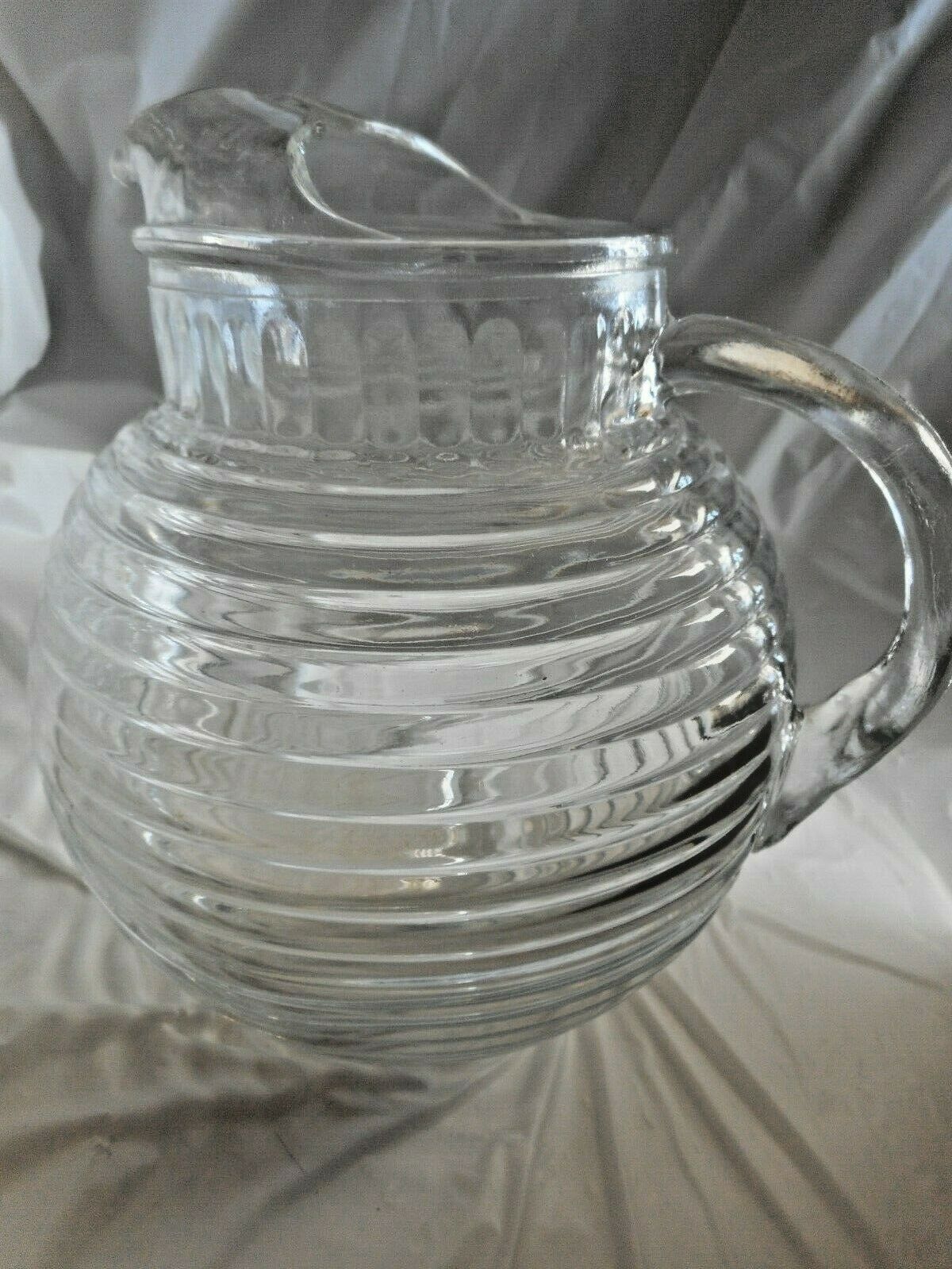 Vintage Ribbed Bee Hive Glass Juice Water Carafe Lid Decanter Anchor  Hocking 9”h