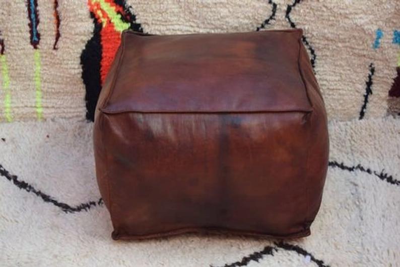 Square Handmade leather ottoman tray , Pouf , footstool, floor cushion