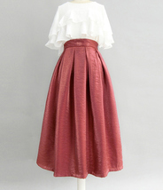 Burgundy Midi Party Skirt Outfit Glitter A-line Pleated Midi Skirt Plus Size image 1