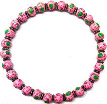 NEW IN POUCH ANGELA MOORE PINK BEADED NECKLACE WITH GREEN SNAILS - $49.49