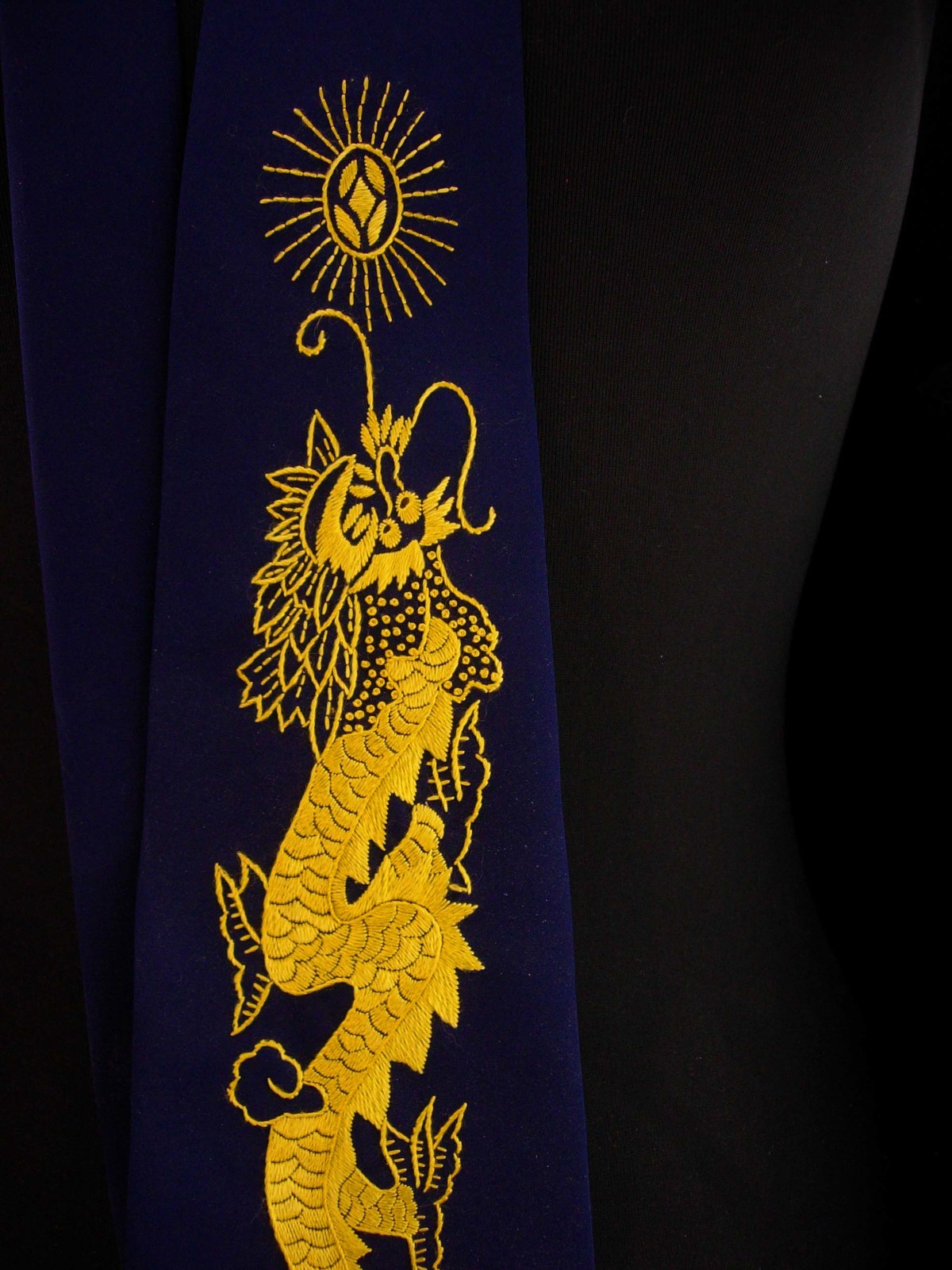 Primary image for Navy ALL silk tie Oriental embroidered dragons gift for him OOAK anniversary 