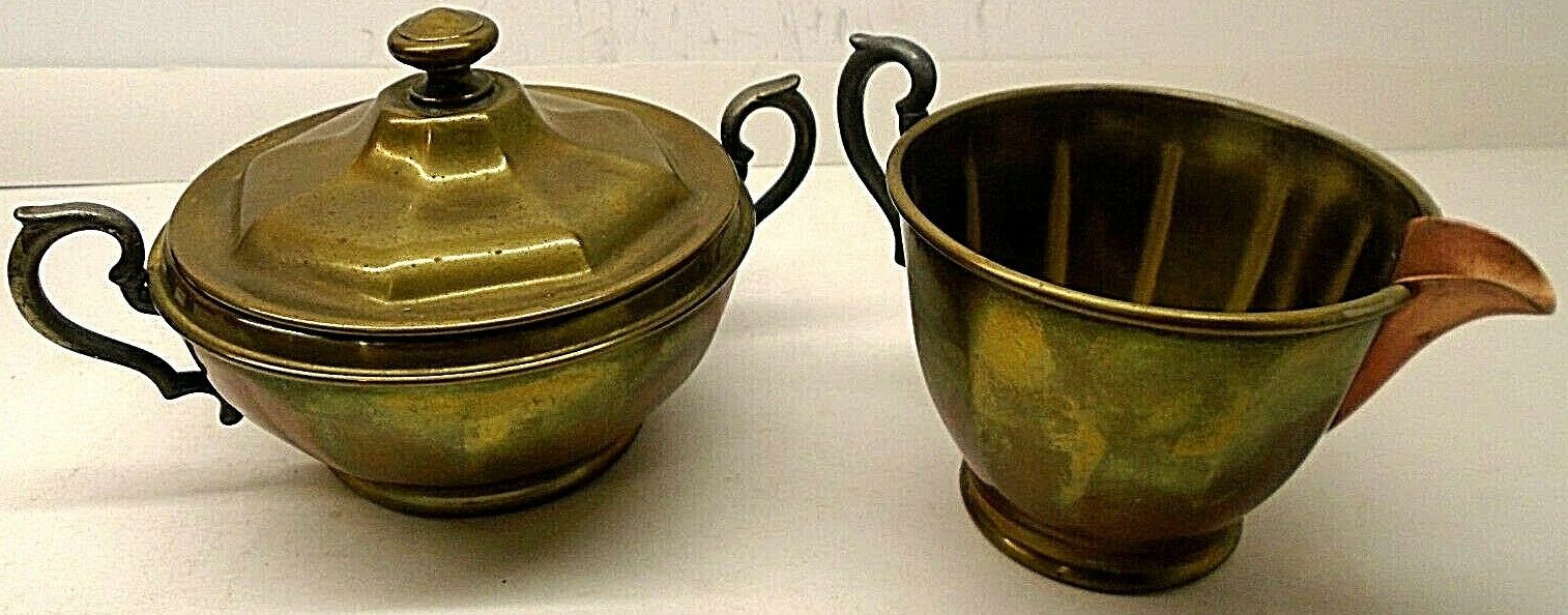 Copper Coffee Pot, Cream, and Sugar Set. Copper Coffee Serving Dishes with  Brass