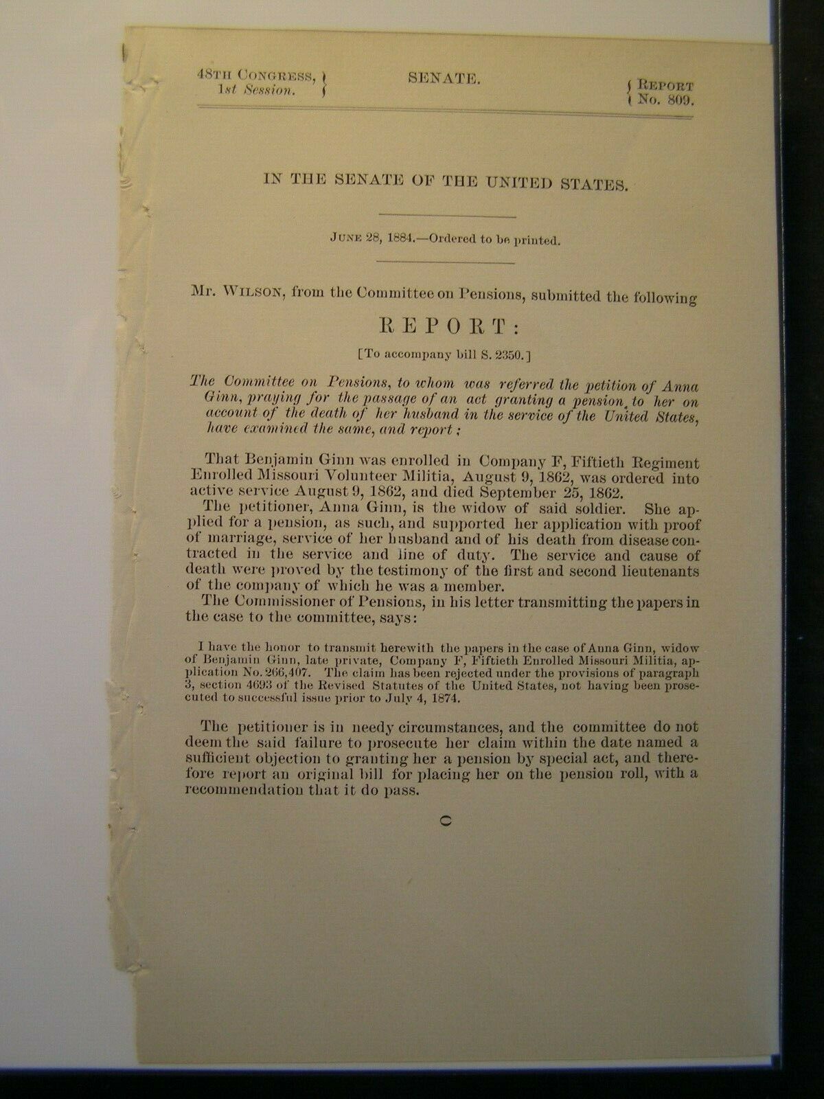 Government Report 1884 Benjamin Ginn Co F 50th Reg MO Vol Militia Civil ...