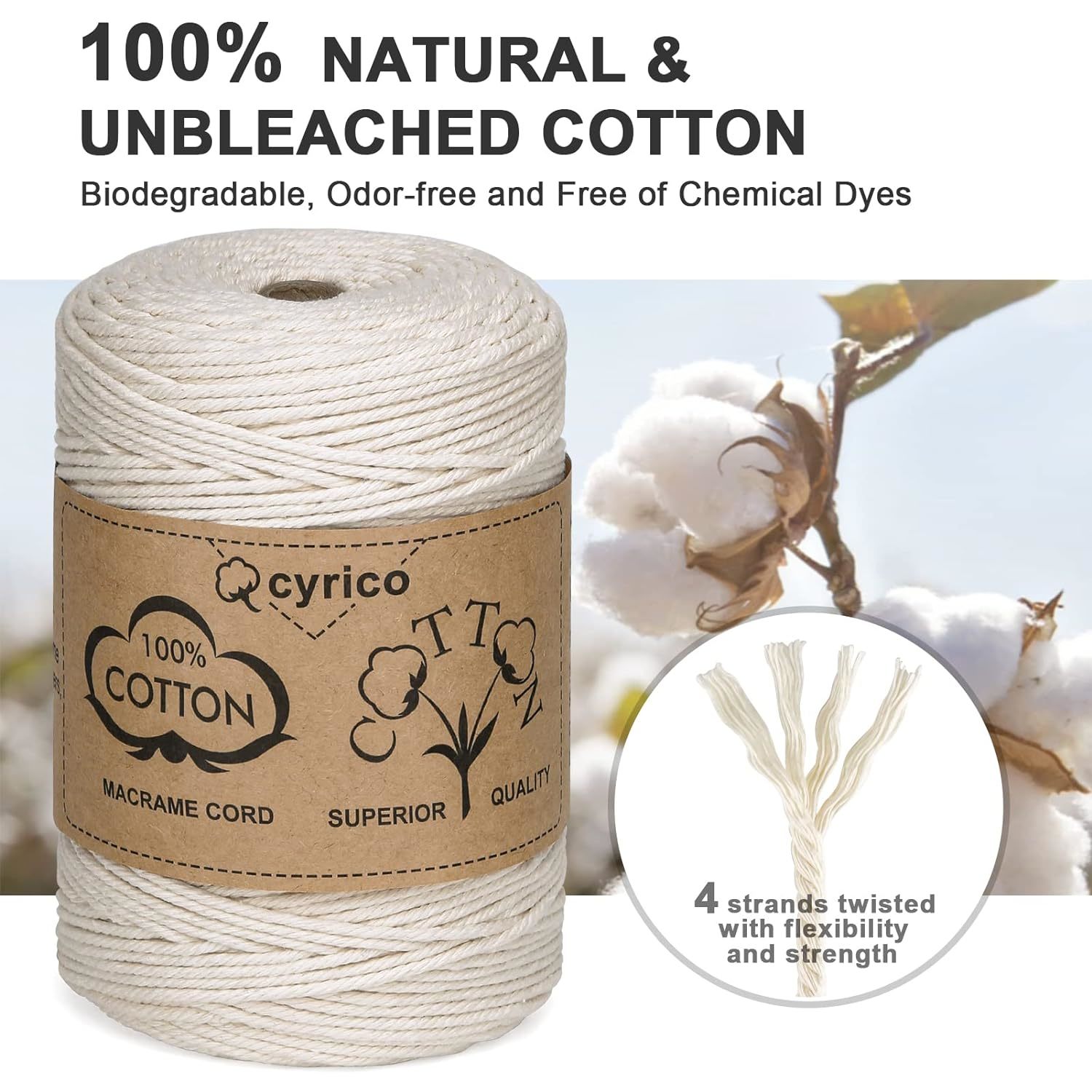 Premium cotton macrame string, 1PLY, Natural, 5mm
