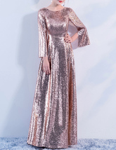 Long Sleeve Rose-Gold Maxi Sequin Dress Women Maxi Sequin Evening Gown Plus Size