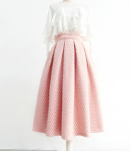 Winter Elegant PINK PLAID Midi Skirt Women Woolen Plaid Pleated Holiday Skirt 