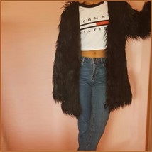 Long Shaggy Hair Black Angora Sheep Faux Fur Medium Length Coat Jacket image 3