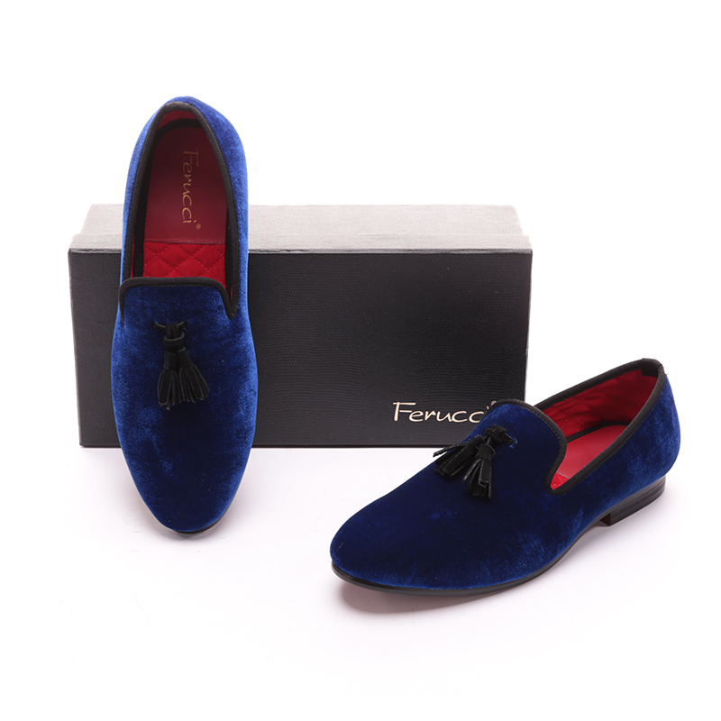 Men FERUCCI Light Blue Suede Slippers Loafers Flat With Big Blue Tassel