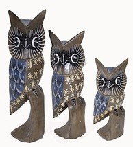 Hand Carved Wood Family of 3 Blue and Gray Owls Decor Sculptures Design - $21.72