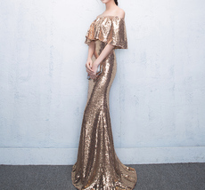 Off Shoulder Gold Sequin Dresses Long Maxi Sequined Women Evening Gown Plus Size image 1