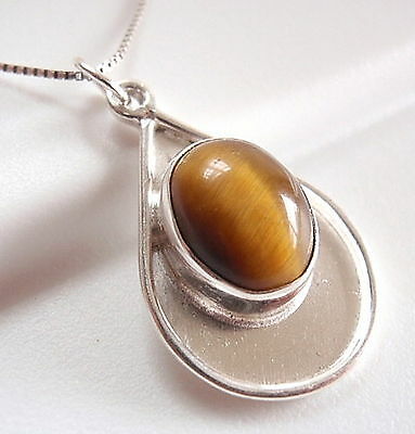 Tiger Eye Oval 925 Sterling Silver on Silver Teardrop Necklace New - $17.99
