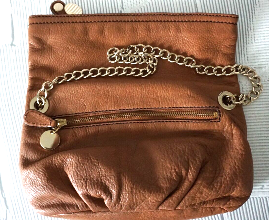 Vintage Ann Taylor Loft Foldover Leather Purse Detachable Chain Zip Close Brown