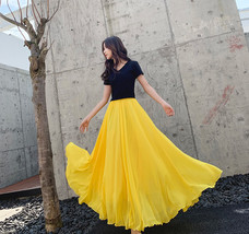 Women Yellow High Waist Long Chiffon Skirt Plus Size Summer Chiffon Maxi Skirt