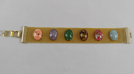 Vintage 1970s Sarah Coventry Designer Gold Mesh Bracelet Multi Color Stones - $24.99