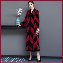 Luxury Long Red And Black V Neck Chevron Design Lamb Shearling Sheepskin Coat image 2