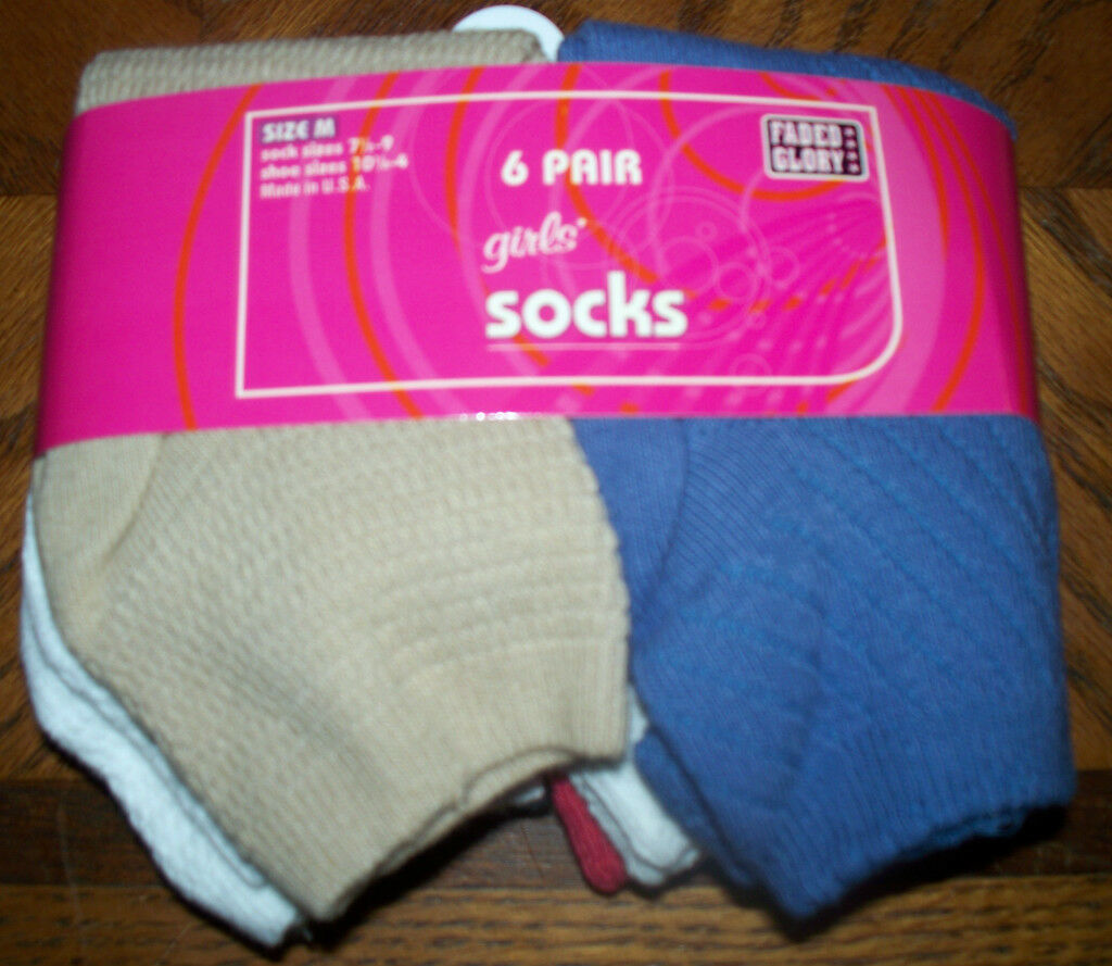 FADED GLORY Girl's Socks - 6 Pair - Sz. Med (Shoe Sizes 10.5 - 4) Style #4414 - $6.99