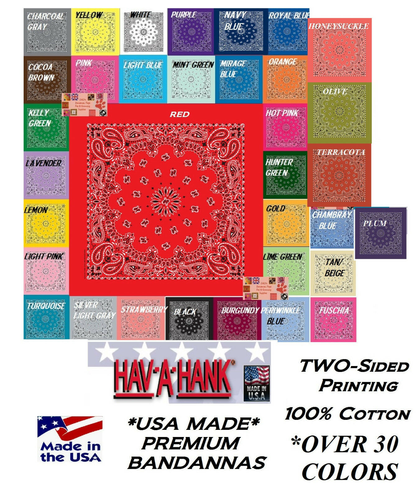 *USA MADE HAV-A-HANK 2-Sided Cotton PAISLEY BANDANNA BANDANA Wrap Scarf Hanky US - $9.99