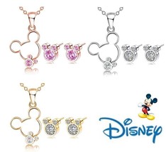 Girls Disney Mickey Mouse Ears Silver CZ Stud Earrings &amp; Necklace Set Ne... - $11.99