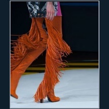 Long Fringe Russet Suede Leather Over the Knee Thigh High Square Heel LA Boots image 3