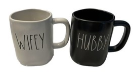 RAE DUNN Magenta Artisan HUBBY WIFEY Ivory Coffee Mug Cup Lot Of 2 - $28.04