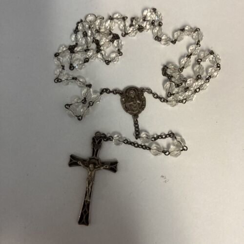 Sterling Silver Clear Cut Crystal Beads Rosary Catholic Holy Cross