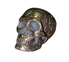Copper/Brass Tone Metal Skull Paperweight Figure Artwork Sculpted Detail image 6