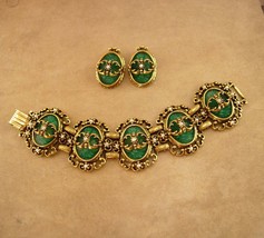 Art nouveau bracelet  Clip on earrings Vintage molded cabs Victorian Suf... - $145.00