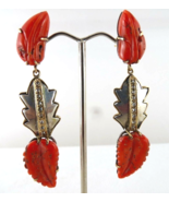 NATURAL CORAL CARVED 19.50 CARATS LEAVES DIAMOND 925 SILVER 18K GOLD EAR... - $519.08