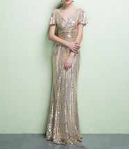 GOLD Maxi Sequin Dress Cap Sleeve High Waist Retro Style Plus Size Sequin Dress image 4