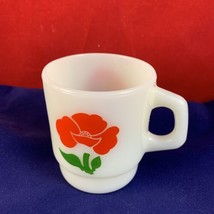 VTG Red Flower Poppy Anchor Hocking Fire King Milk Glass Coffee Mug Cup Tea - $22.99