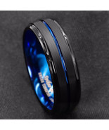 8mm Tungsten Men&#39;s Black Brushed Thin Blue Center Band - $29.95