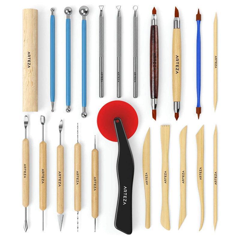 ARTEZA Pottery & Polymer Clay Tools 42-Piece Sculpting Set Steel Tip Tools  with Wooden Handles for Pottery Modeling Smoothing Carving & Ceramics Set  of 42