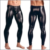 Men's Skin Tight Black Color Faux Latex Zipper Pouch Stretch Pants Leggings 