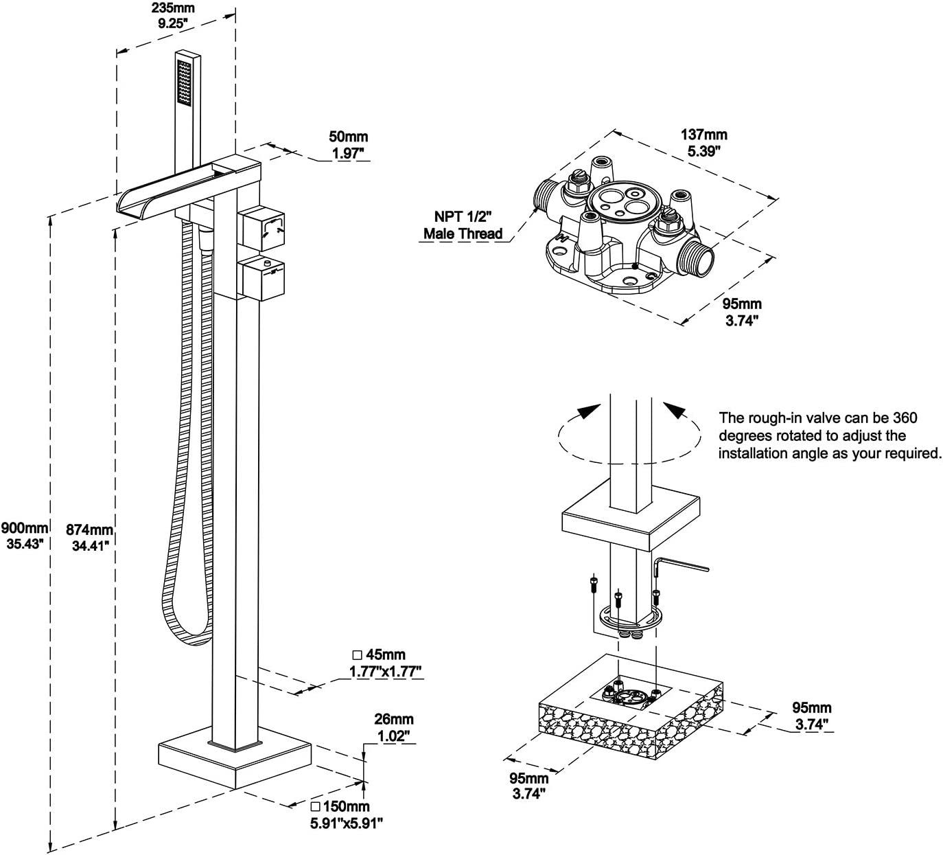 Wowkk Thermostatic Freestanding Bathtub Faucet Waterfall Tub Filler