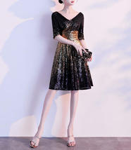 Women Knee Length Black Gold Sequin Dress Sleeved V Neck Sequin Dress Plus Size image 7