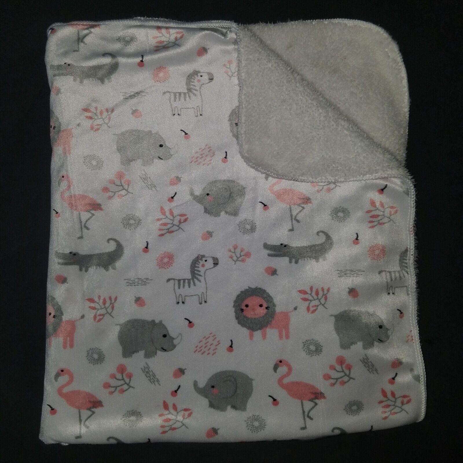 RN 119741 Pink Gray Baby Blanket Lovey Lion Zebra Rhino Elephant 