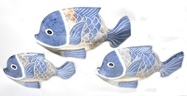 Diaotec Beautiful Unique Set of 3 Blue Wooden Fish Hand Carved Statue Sculpture  - $24.69
