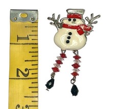 Vintage Silver White Red Crystal Moving Legs Snowman Frosty Pin Brooch Unsigned image 1