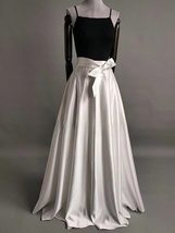 Women White MAXI Pleated Taffeta Skirt with Sash/Pockets Formal Maxi Satin Skirt