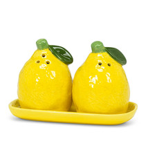 Lemon Salt Pepper Shakers on Tray Ceramic 5" Long Yellow Realistic Bright Gift
