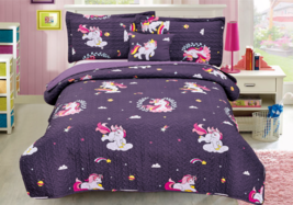 Purple Unicorn 4 Pcs Twin / Full Size Kids Boys Girls Quilt/ Shams/ Cush... - $44.66
