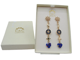 NIB C&amp;C California Blue Gold Moon Stars Glass Beaded Heart Dangle Earrings - $24.05