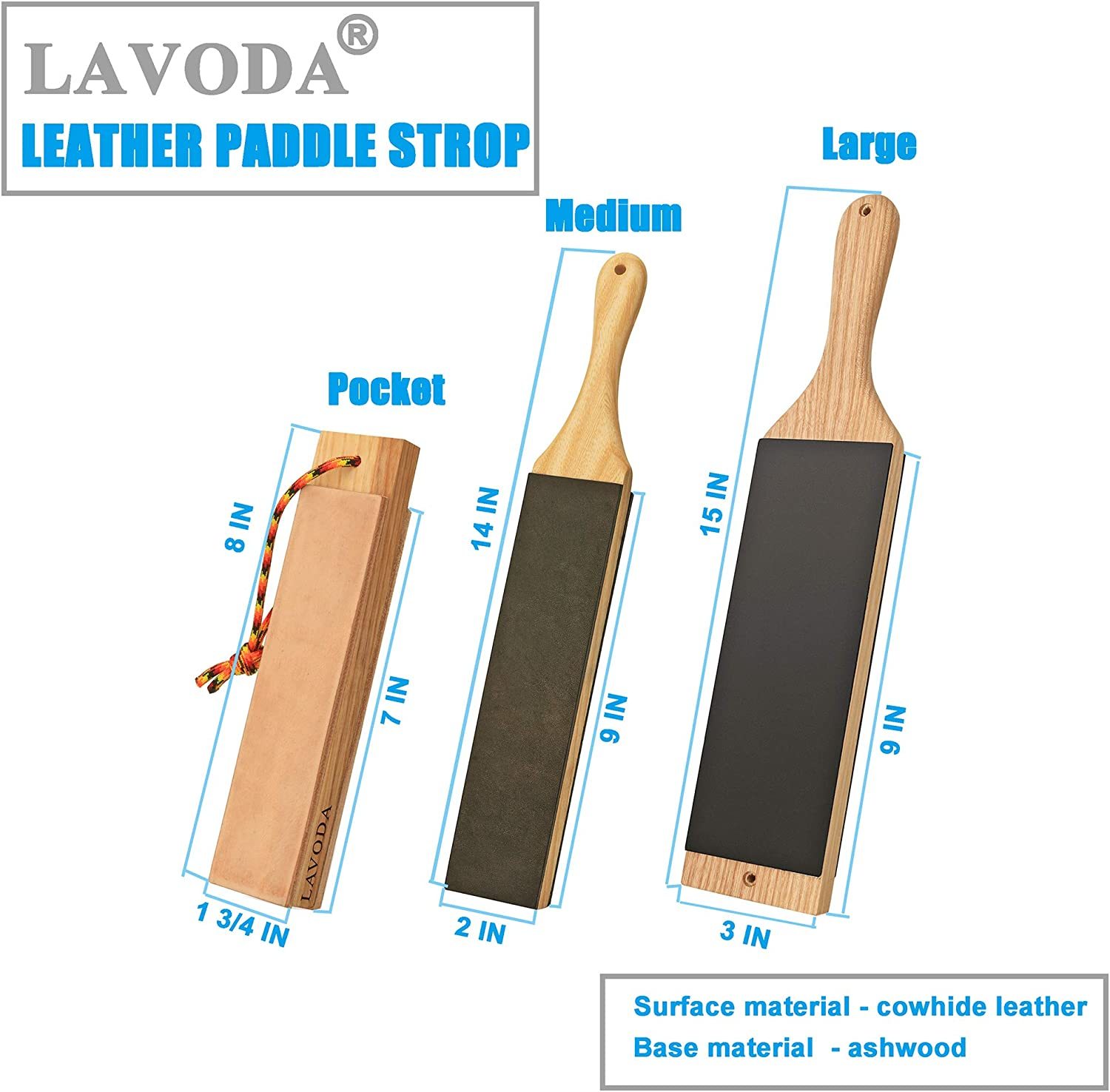 LAVODA Leather Strop Paddle Large for Knife Sharpening 3 by 15 Double-Sided