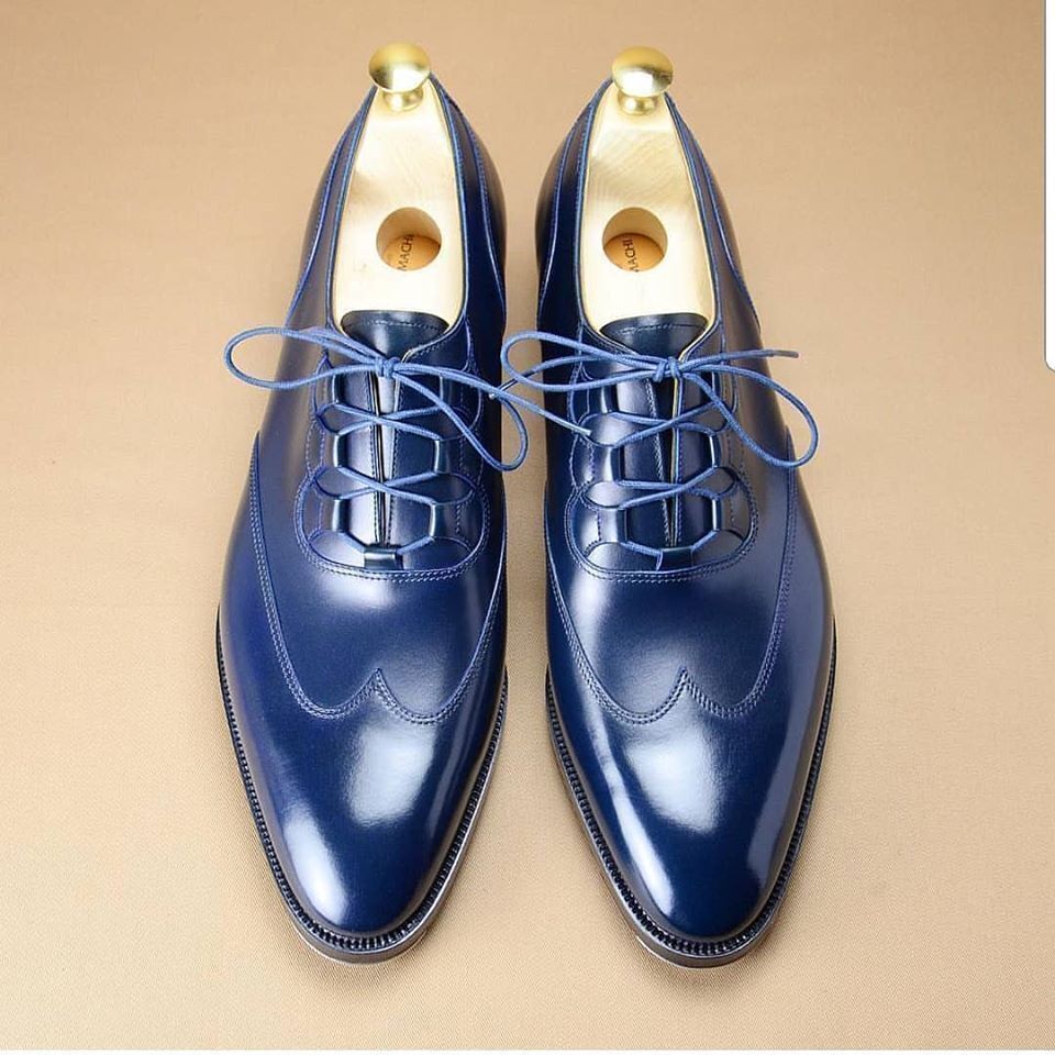 New Handmade Men's Navy Blue Leather Wingtip Lace Up Dress Oxford Shoes ...