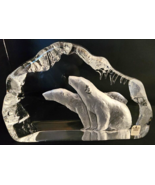 Royal Krona Sweden Art Glass Paperweight Sculpture Etched Polar Bears Ic... - $56.10