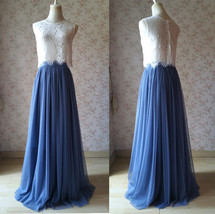 Wedding Two Piece Bridesmaid Dress Dusty Blue Tulle Maxi Skirt Crop Lace Top
